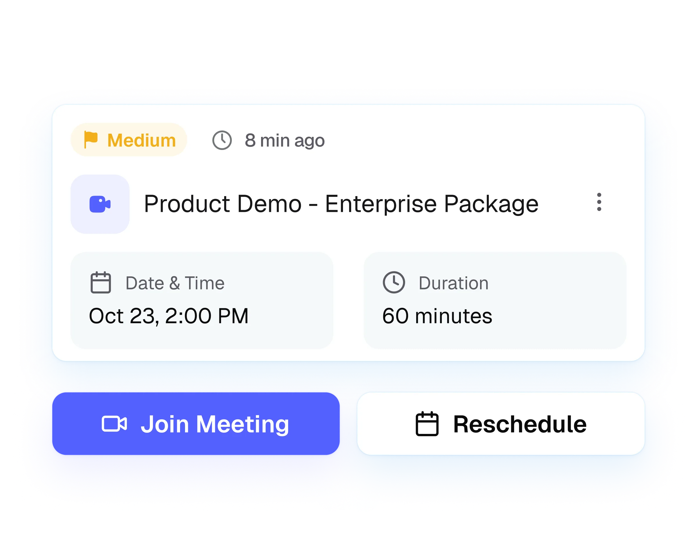 CRM interface showing a scheduled product demo with date, time, duration, and options to join or reschedule the meeting.